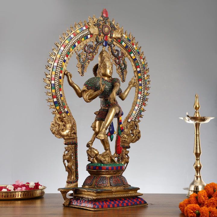 Brass Nataraja with stonework 26 inch - Budhshiv.com