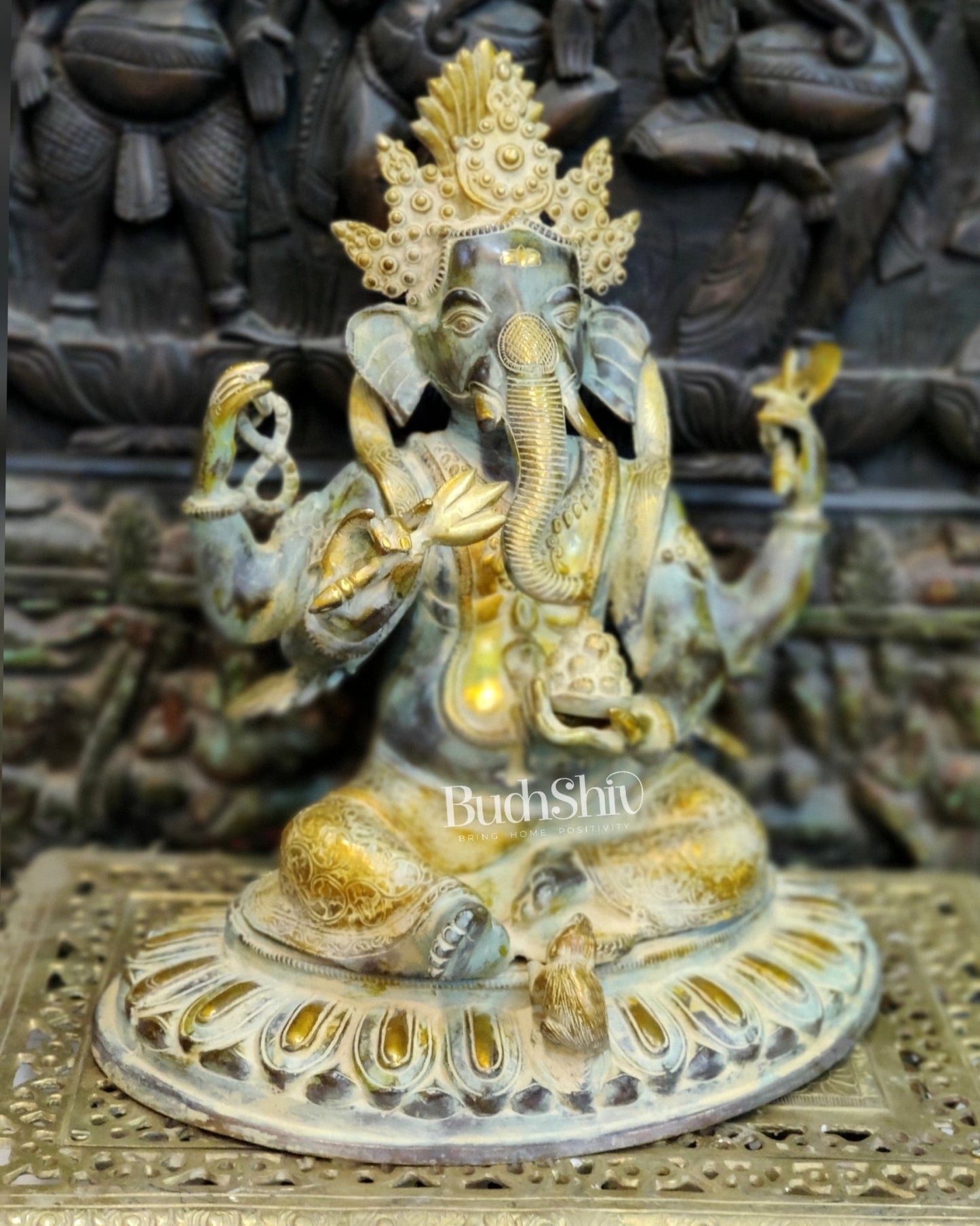 Brass Nepalese Style Ganesha seated on a round base. - Budhshiv.com