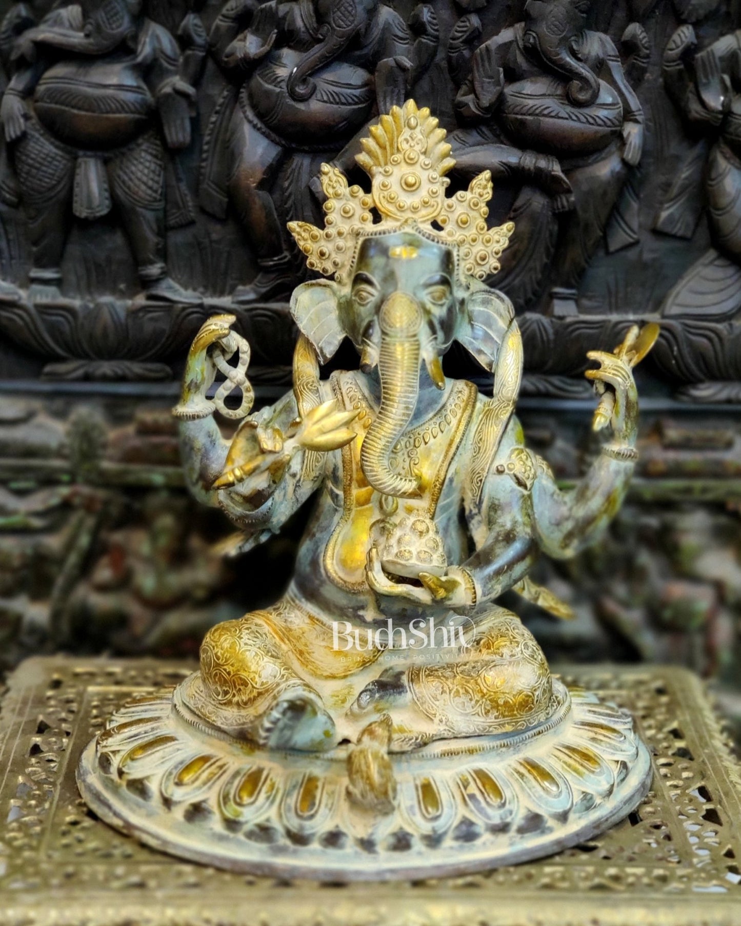 Brass Nepalese Style Ganesha seated on a round base. - Budhshiv.com