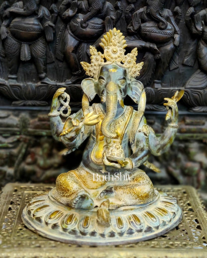 Brass Nepalese Style Ganesha seated on a round base. - Budhshiv.com