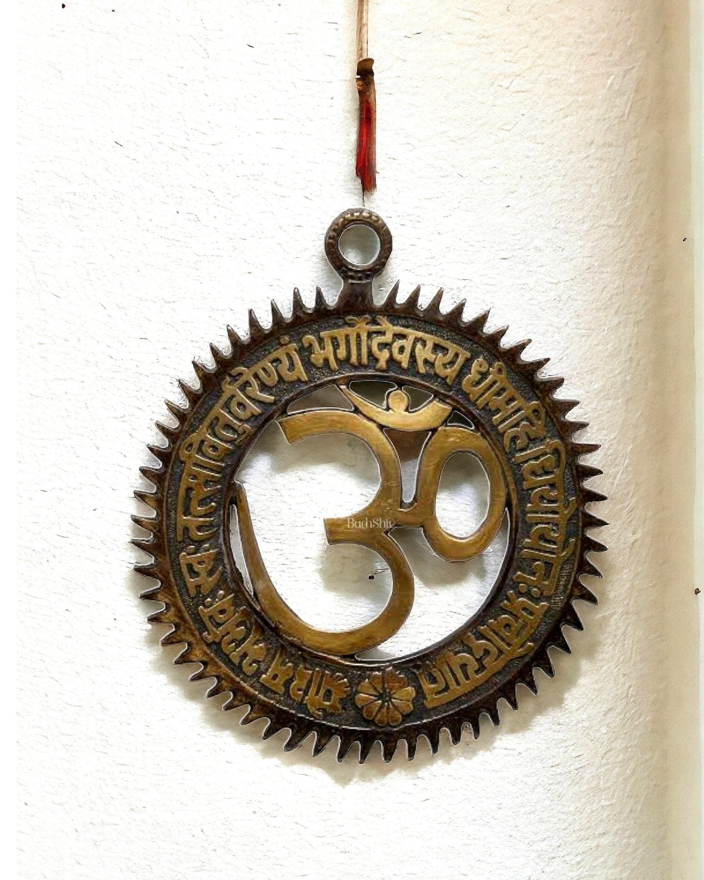 Brass om with Gayatri mantra engraved wall hanging 6 inch - Budhshiv.com