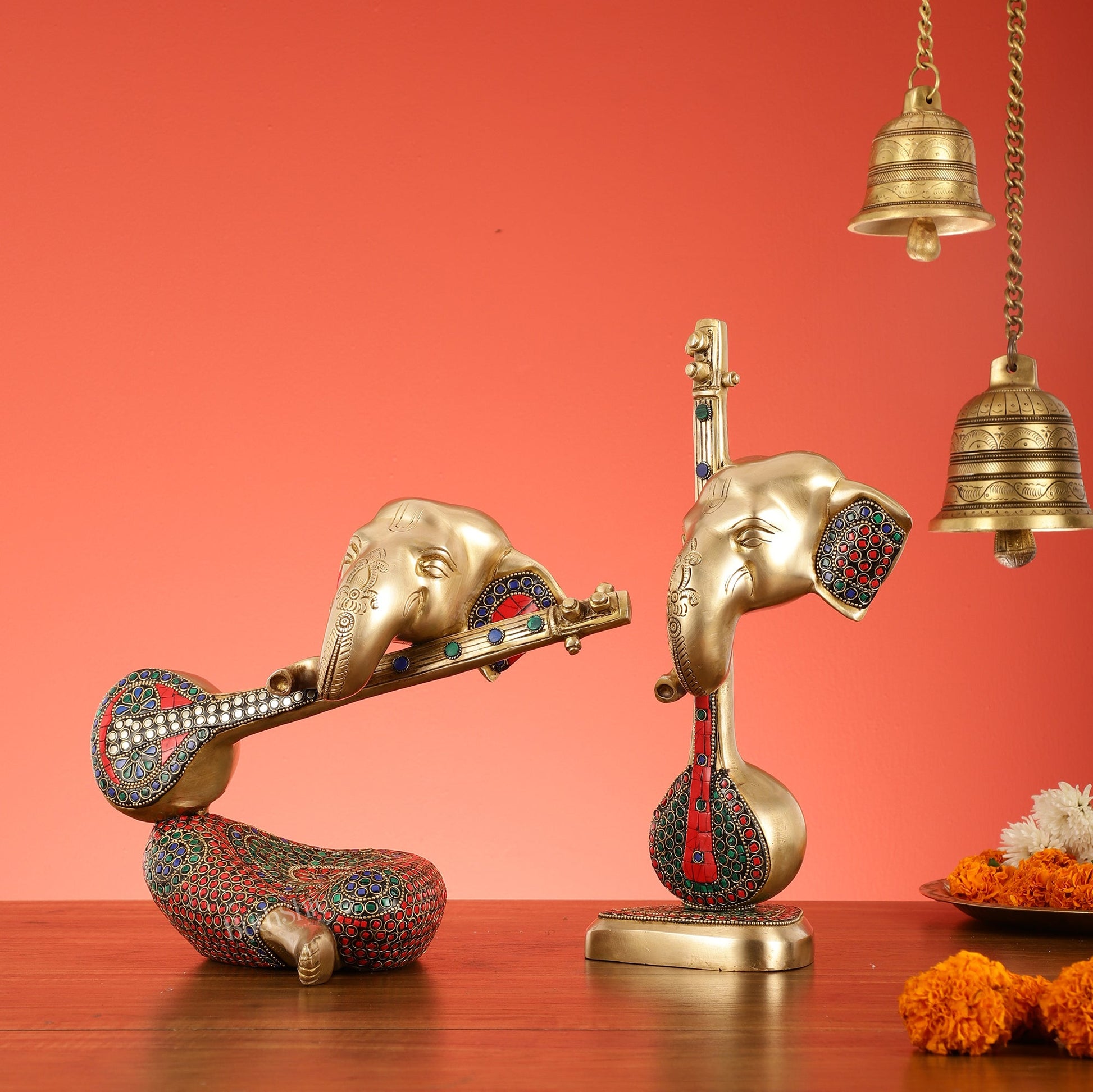 Brass Pair of Abstract Lord Ganesha Table Accents - 12 Inch Height - Budhshiv.com