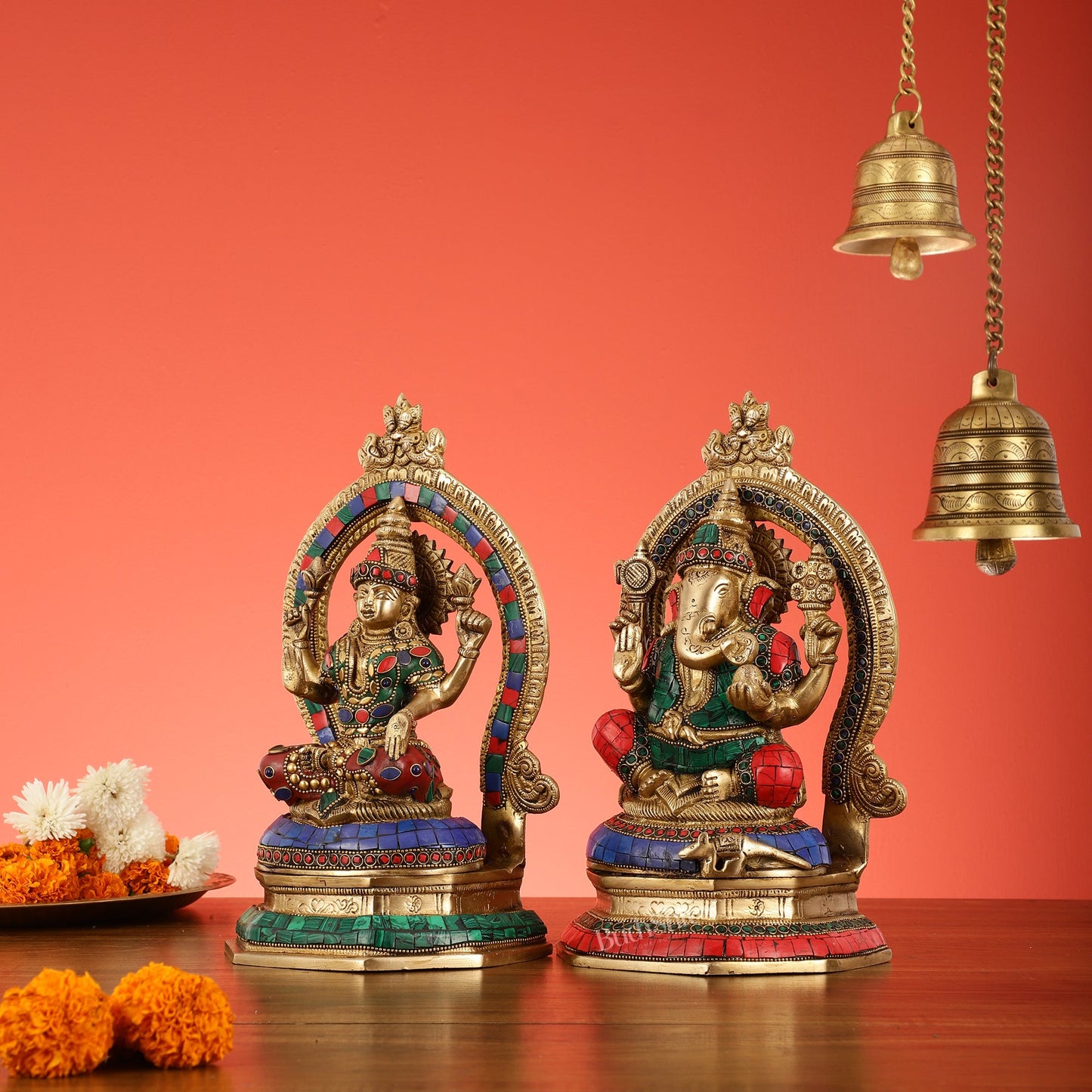 Brass Pair of Lord Ganesha and Goddess Lakshmi Murti with Stonework - Budhshiv.com