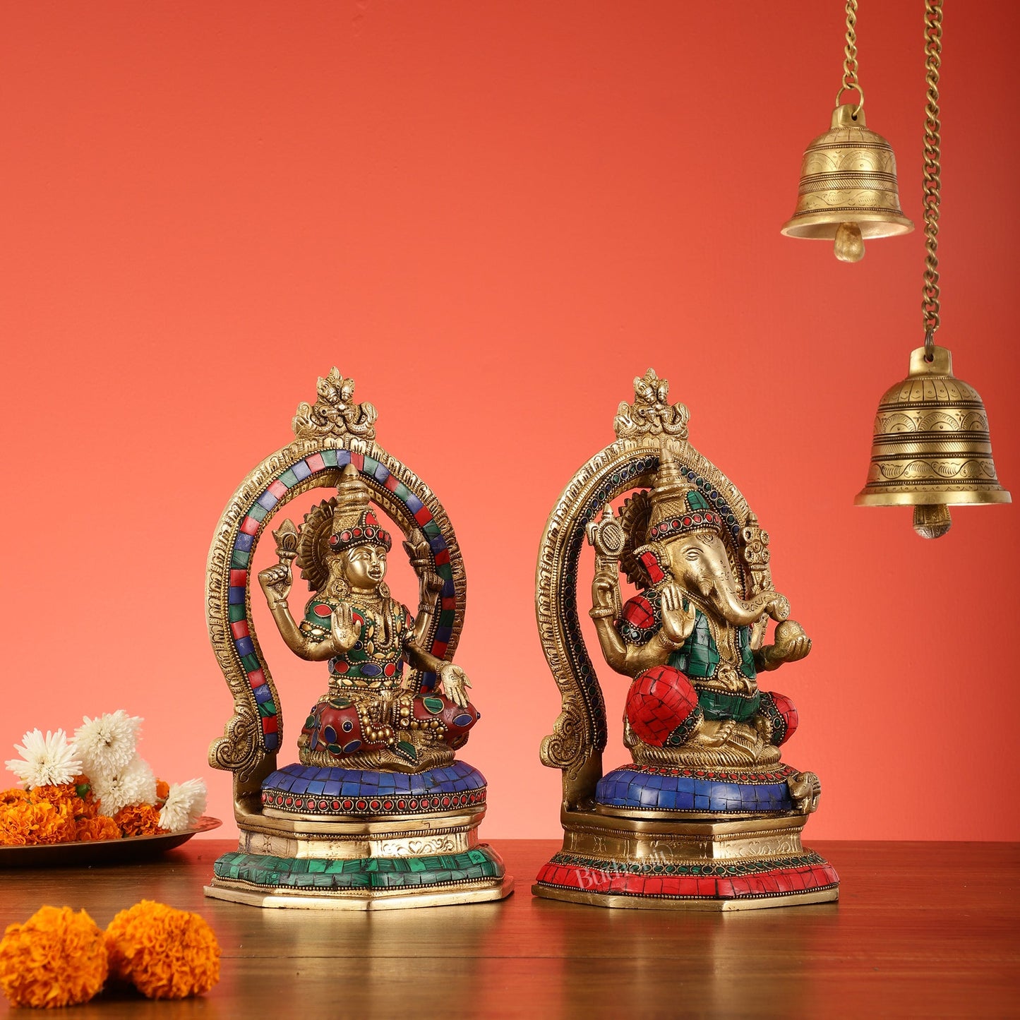 Brass Pair of Lord Ganesha and Goddess Lakshmi Murti with Stonework - Budhshiv.com