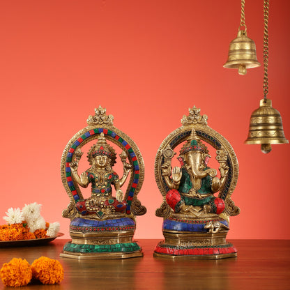 Brass Pair of Lord Ganesha and Goddess Lakshmi Murti with Stonework - Budhshiv.com