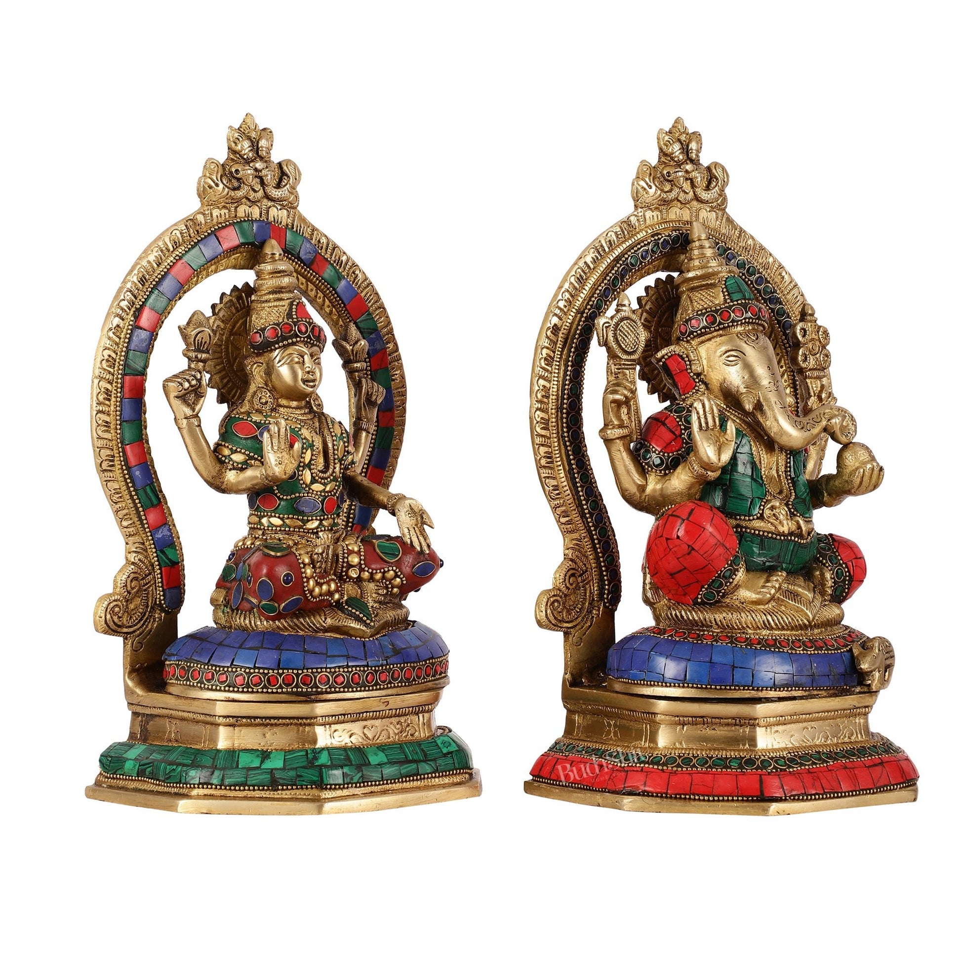 Brass Pair of Lord Ganesha and Goddess Lakshmi Murti with Stonework - Budhshiv.com