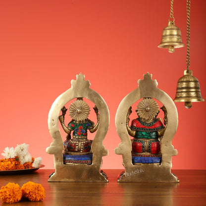 Brass Pair of Lord Ganesha and Goddess Lakshmi Murti with Stonework - Budhshiv.com