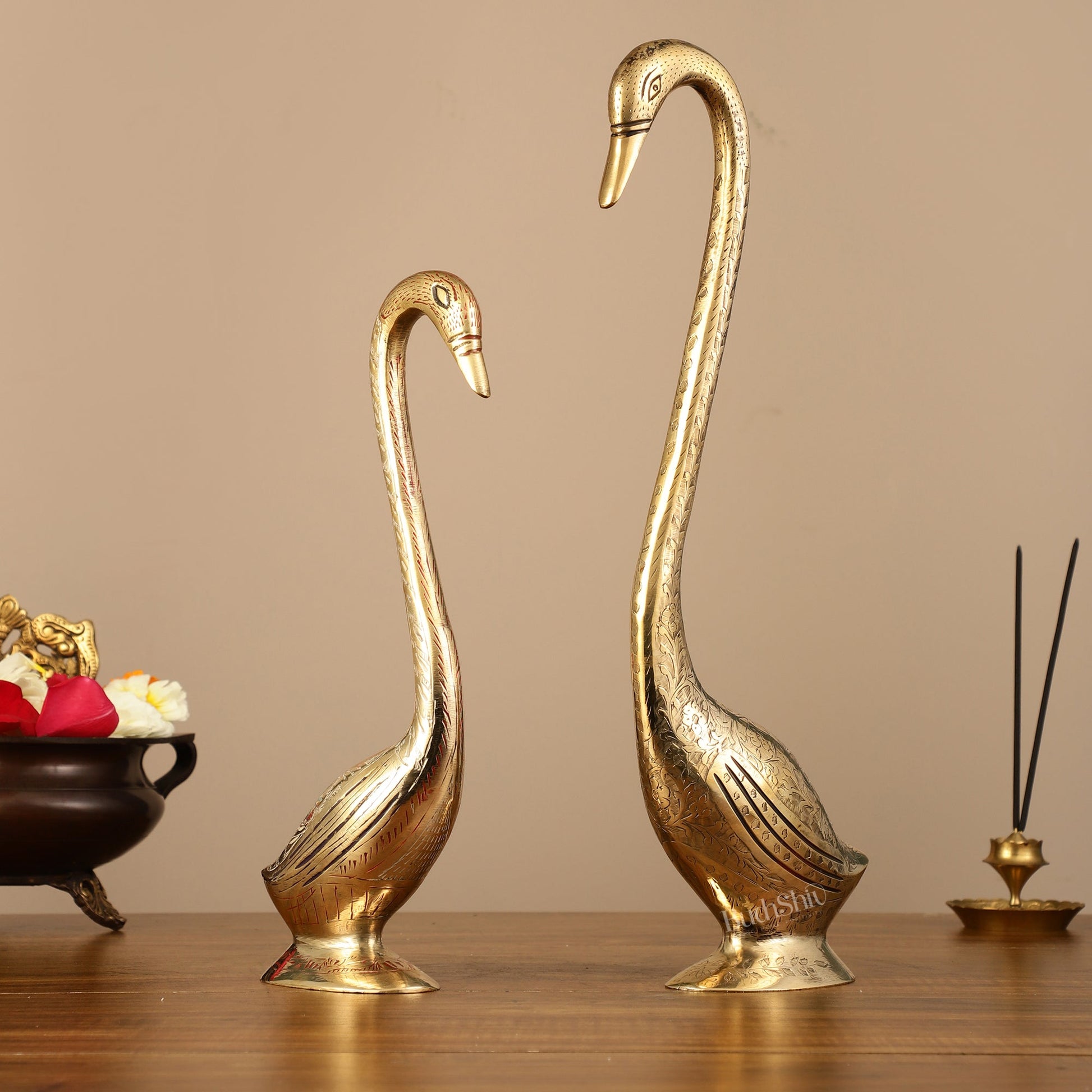 Brass Pair of Swans Showpiece - 15" Height | Elegant Home Decor - Budhshiv.com
