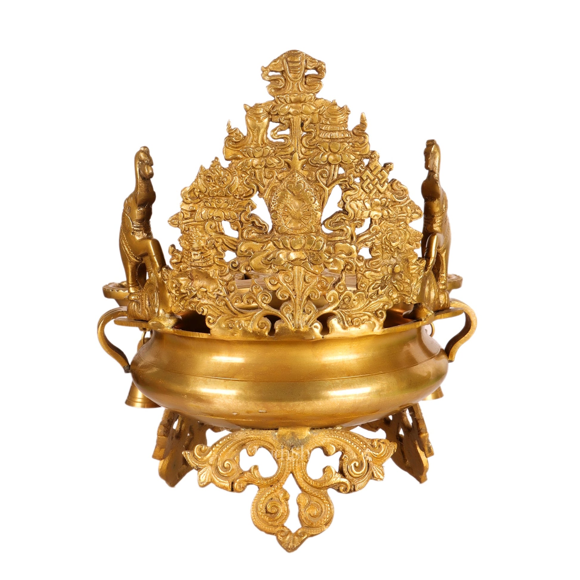 Brass Panchdeep large urli with bells with engraved back frame 12" - Budhshiv.com