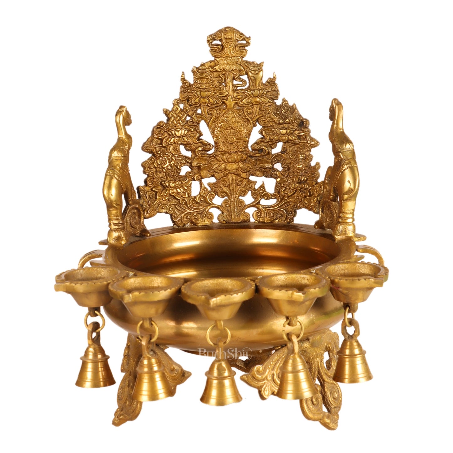 Brass Panchdeep large urli with bells with engraved back frame 12" - Budhshiv.com