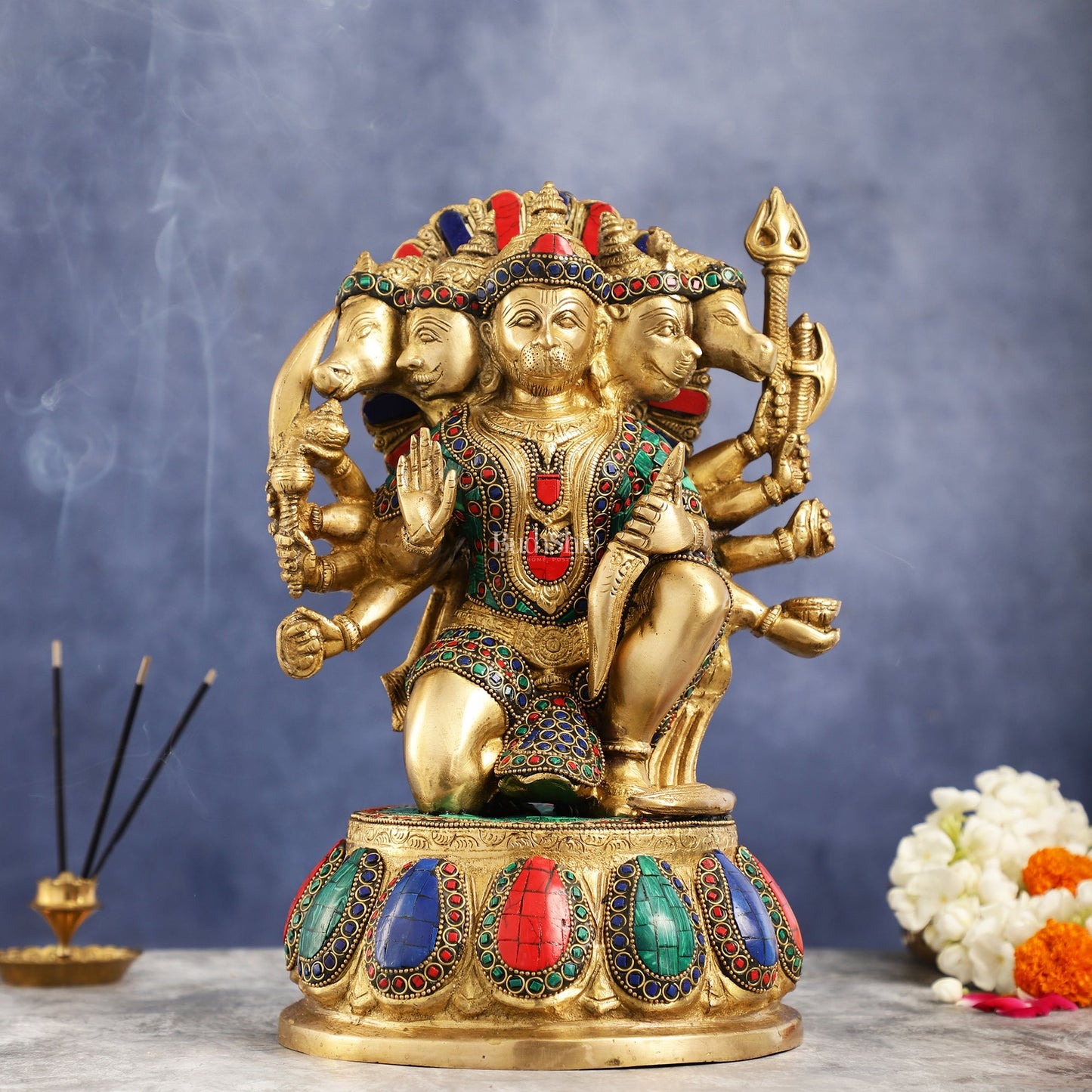 Brass Panchmukhi Hanuman 13" with meenakari - Budhshiv.com