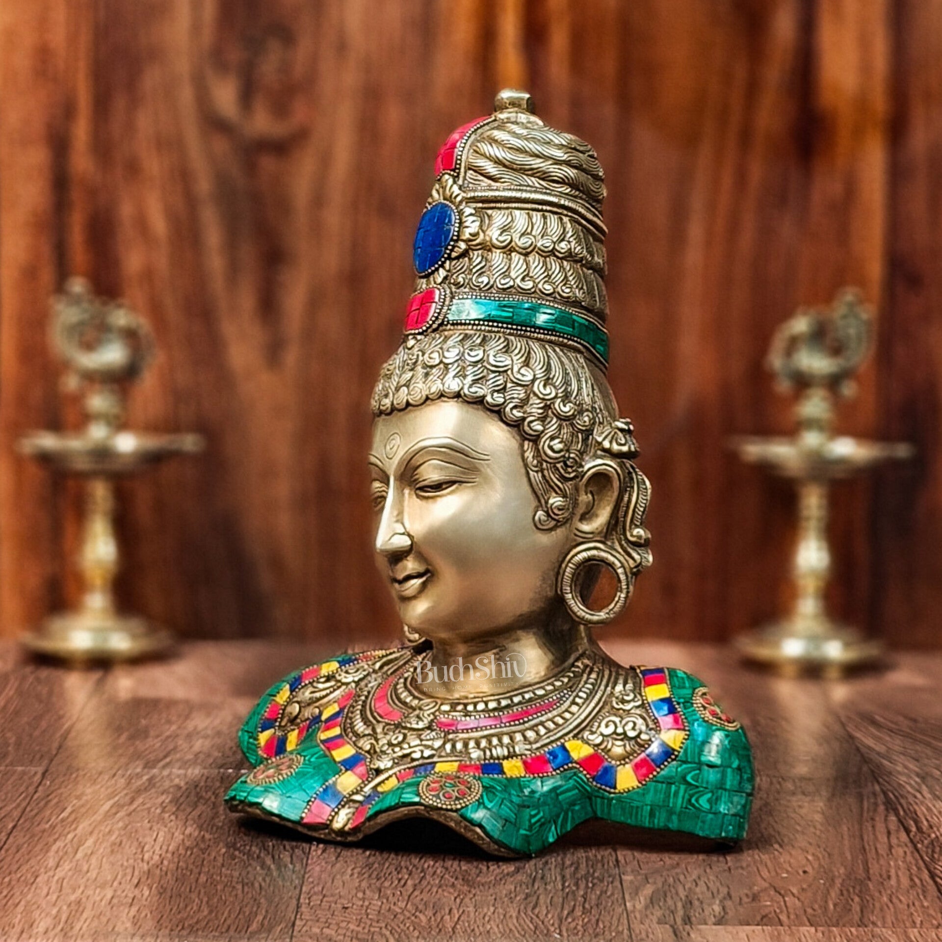 Brass Parvati Bust table accent 12" with stonework - Budhshiv.com