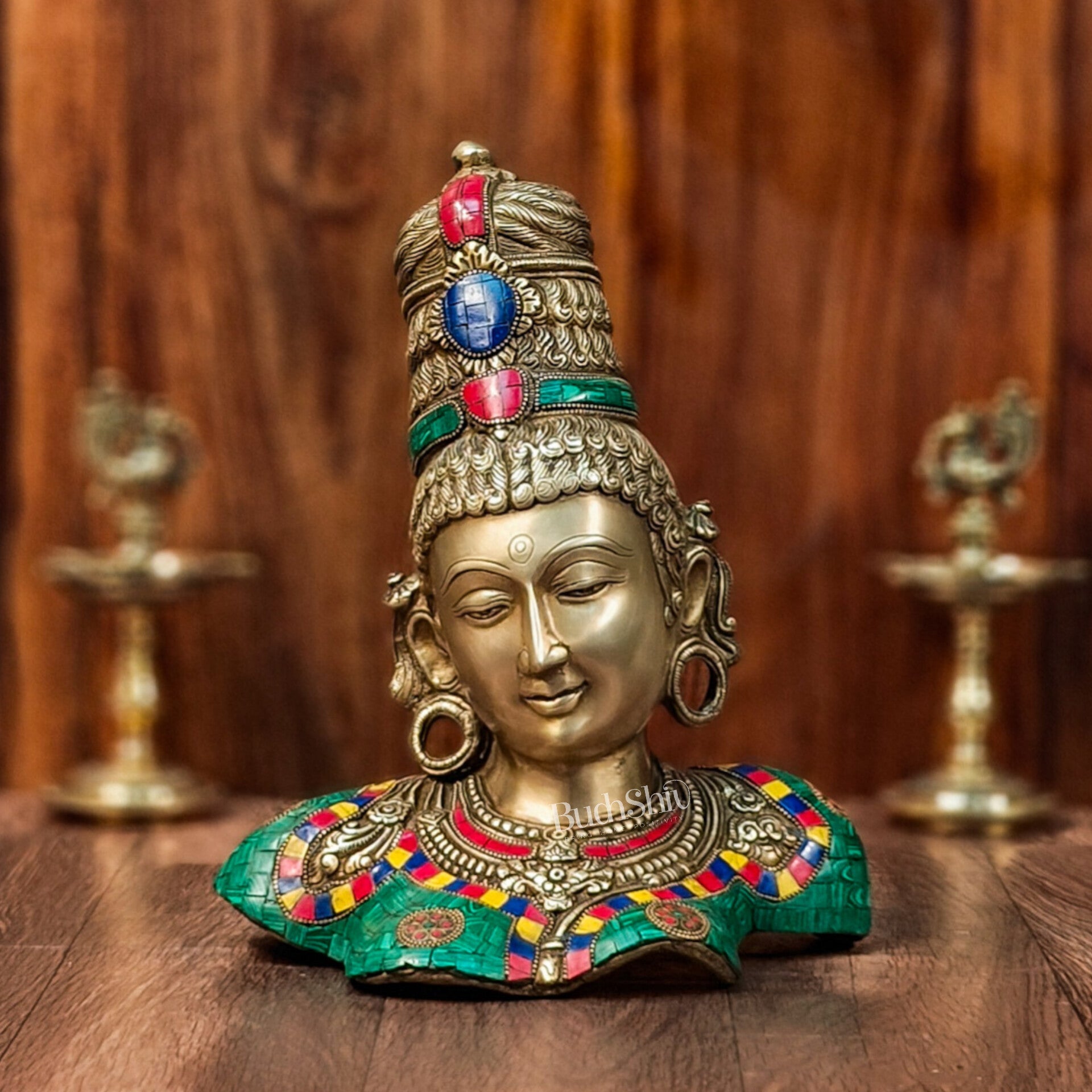 Brass Parvati Bust table accent 12" with stonework - Budhshiv.com