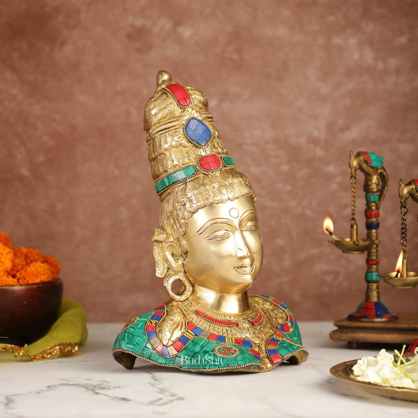 Brass Parvati Bust table accent 12" with stonework - Budhshiv.com
