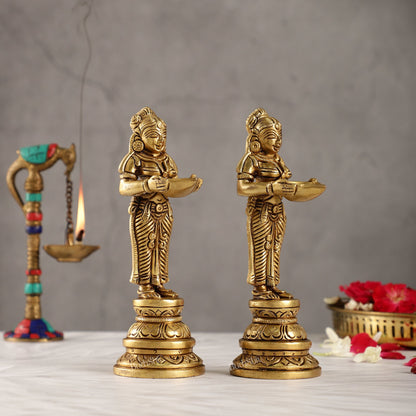 Brass Pavaai Villaku Lamp Pair | Traditional Indian Handcrafted Deep Ladies 8 " - Budhshiv.com