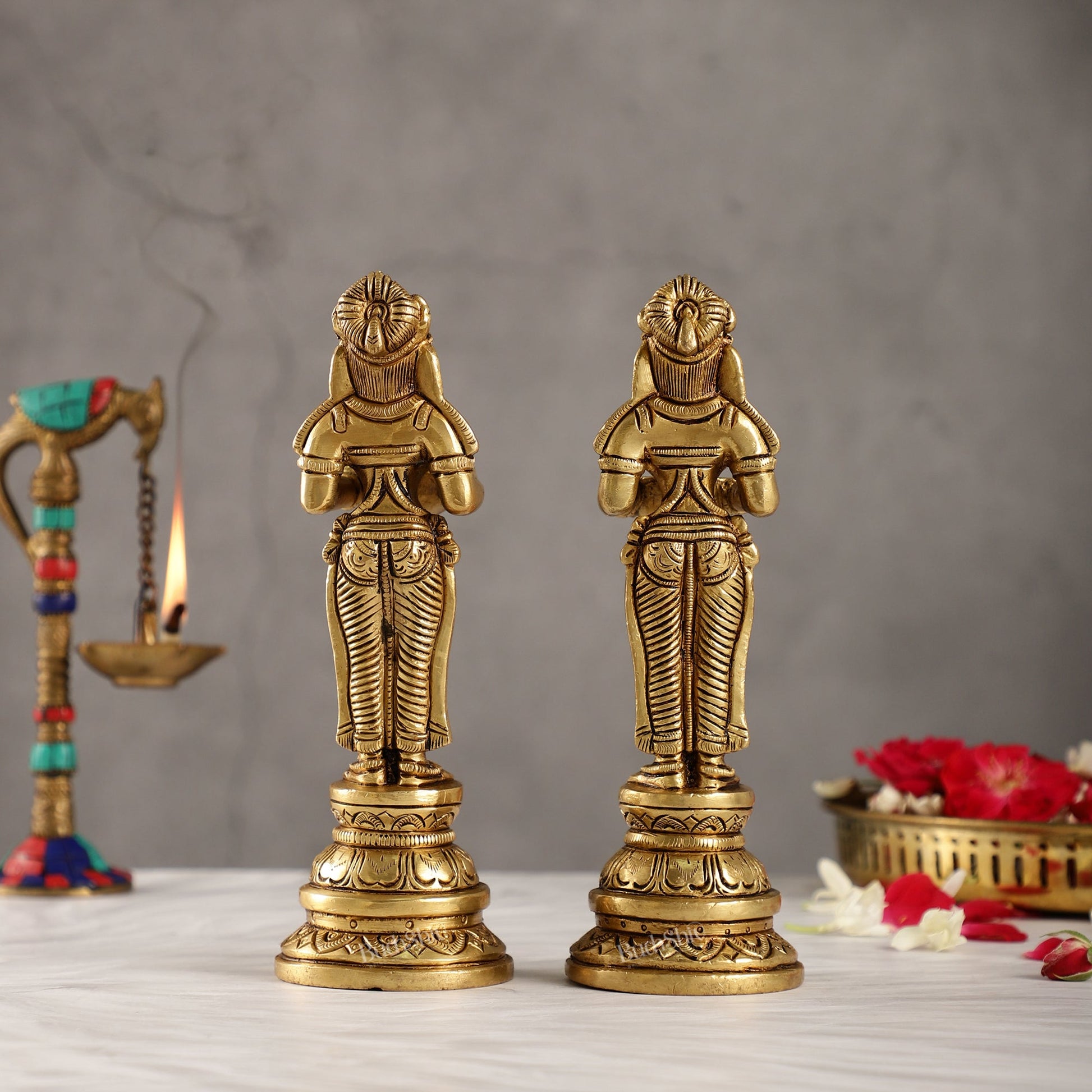 Brass Pavaai Villaku Lamp Pair | Traditional Indian Handcrafted Deep Ladies 8 " - Budhshiv.com