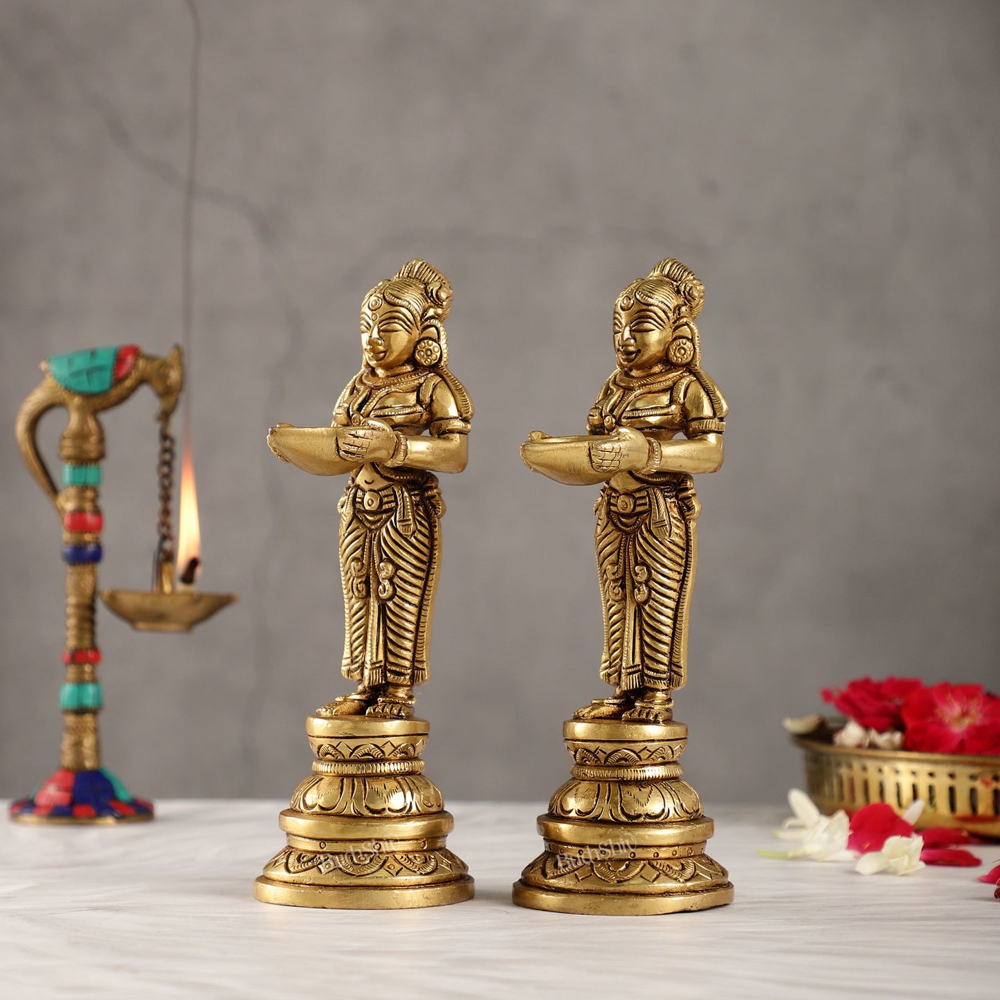 Brass Pavaai Villaku Lamp Pair | Traditional Indian Handcrafted Deep Ladies 8 " - Budhshiv.com