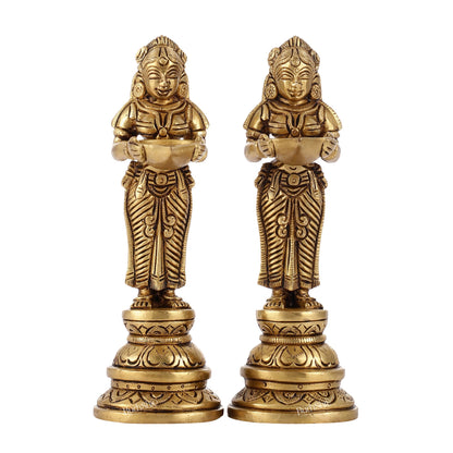 Brass Pavaai Villaku Lamp Pair | Traditional Indian Handcrafted Deep Ladies 8 " - Budhshiv.com