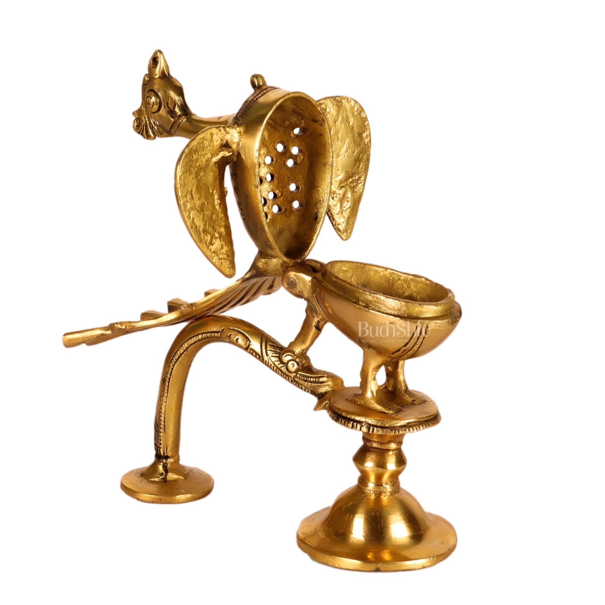 Brass peacock dhoop burner/ dhoop daani burner 8" - Budhshiv.com