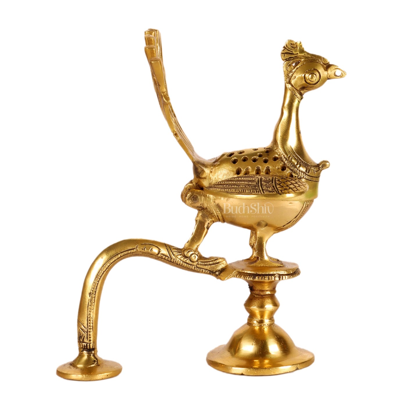 Brass peacock dhoop burner/ dhoop daani burner 8" - Budhshiv.com