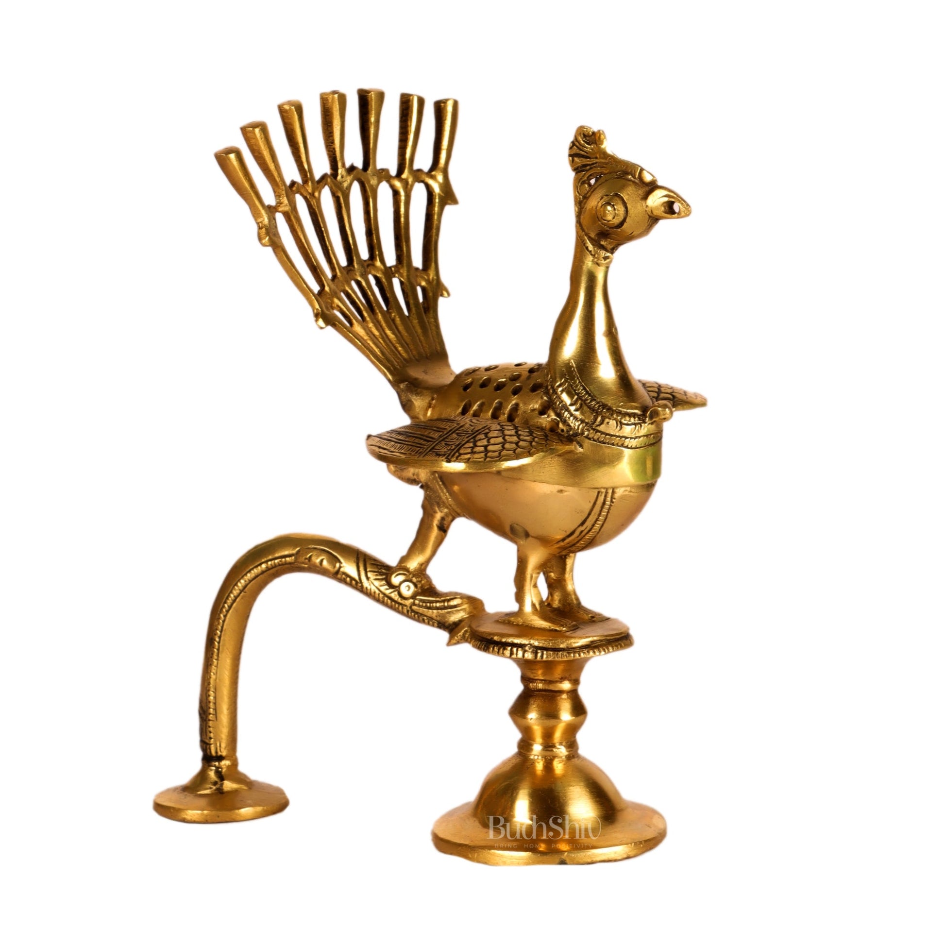 Brass peacock dhoop burner/ dhoop daani burner 8" - Budhshiv.com