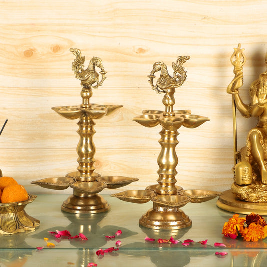 Brass Peacock lamps with multiple diyas 11" - Budhshiv.com