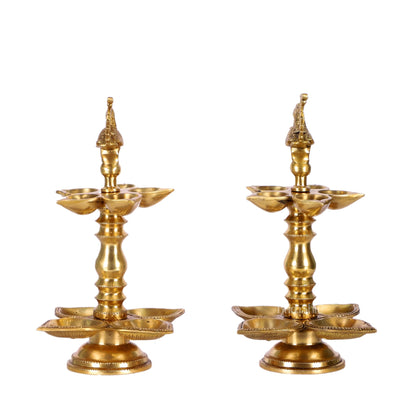 Brass Peacock lamps with multiple diyas 11" - Budhshiv.com