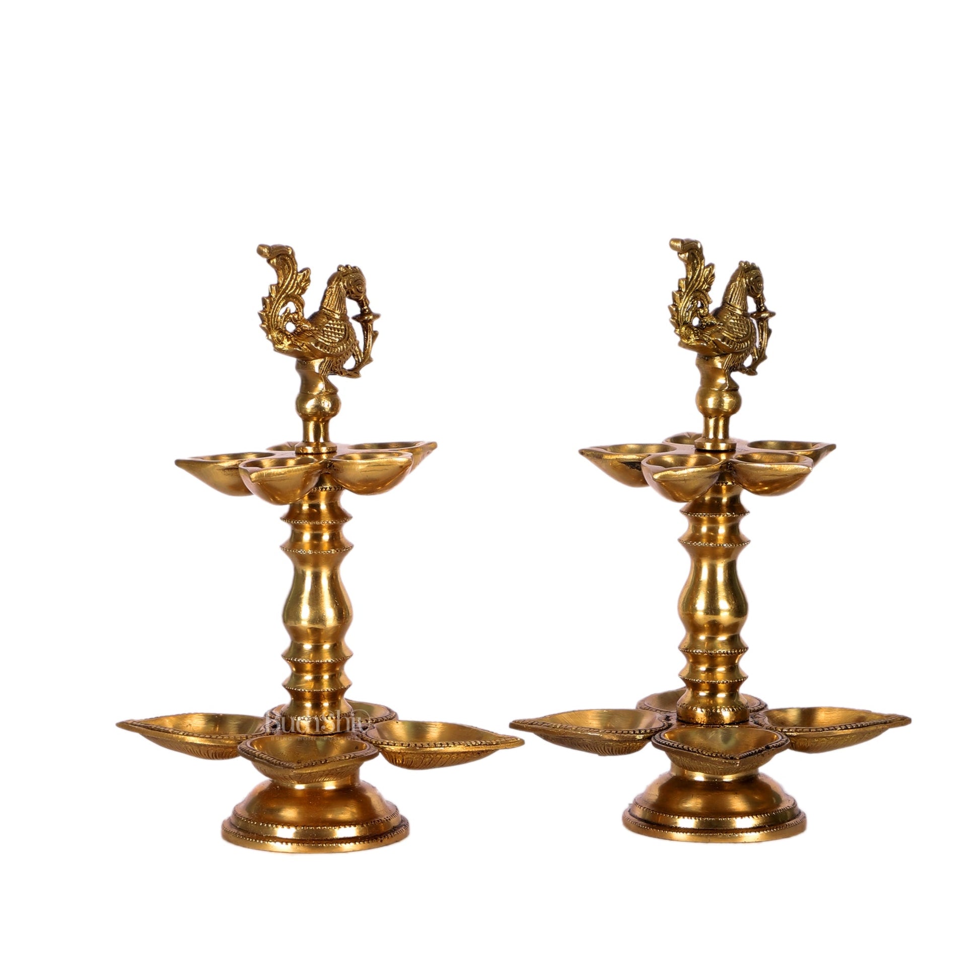 Brass Peacock lamps with multiple diyas 11" - Budhshiv.com