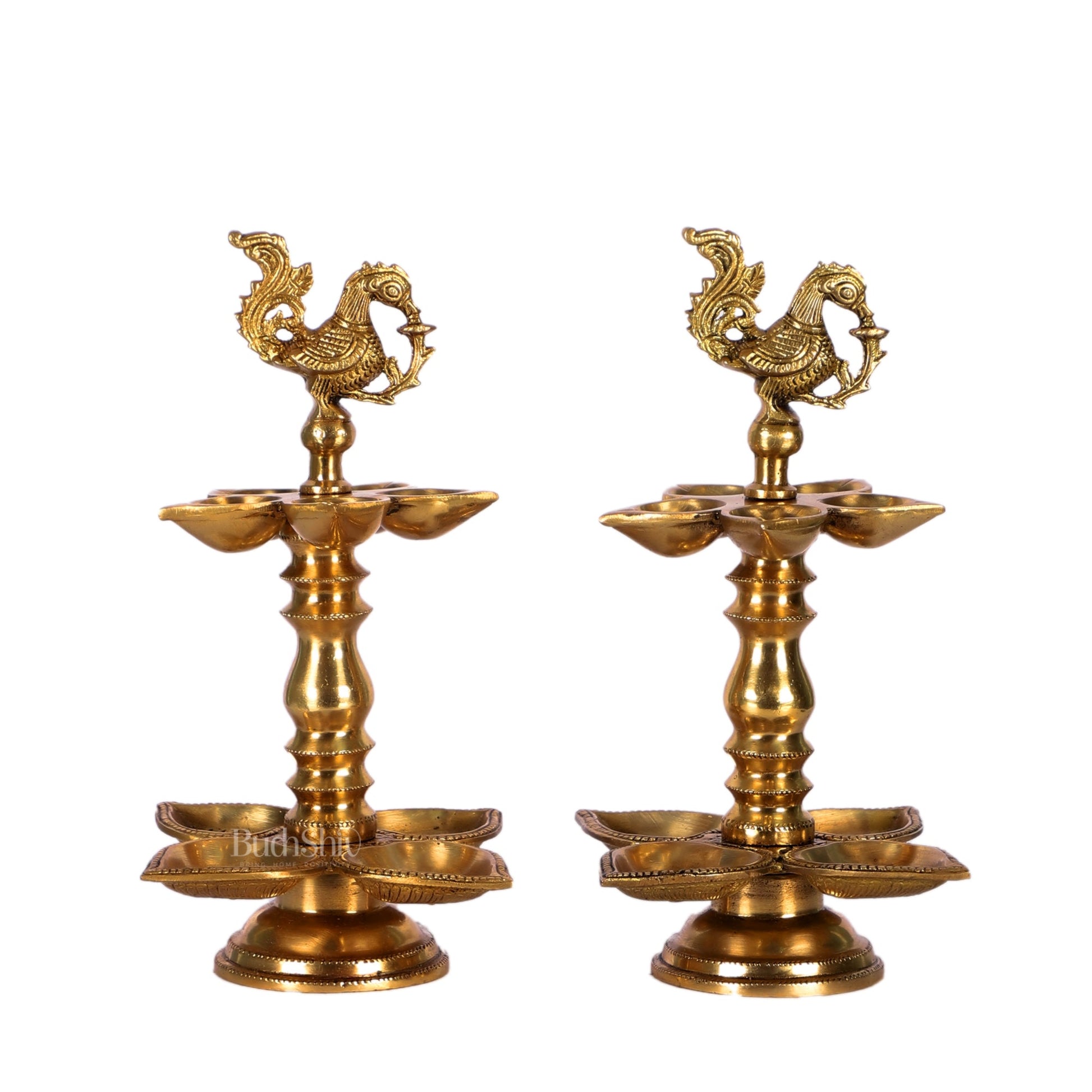 Brass Peacock lamps with multiple diyas 11" - Budhshiv.com