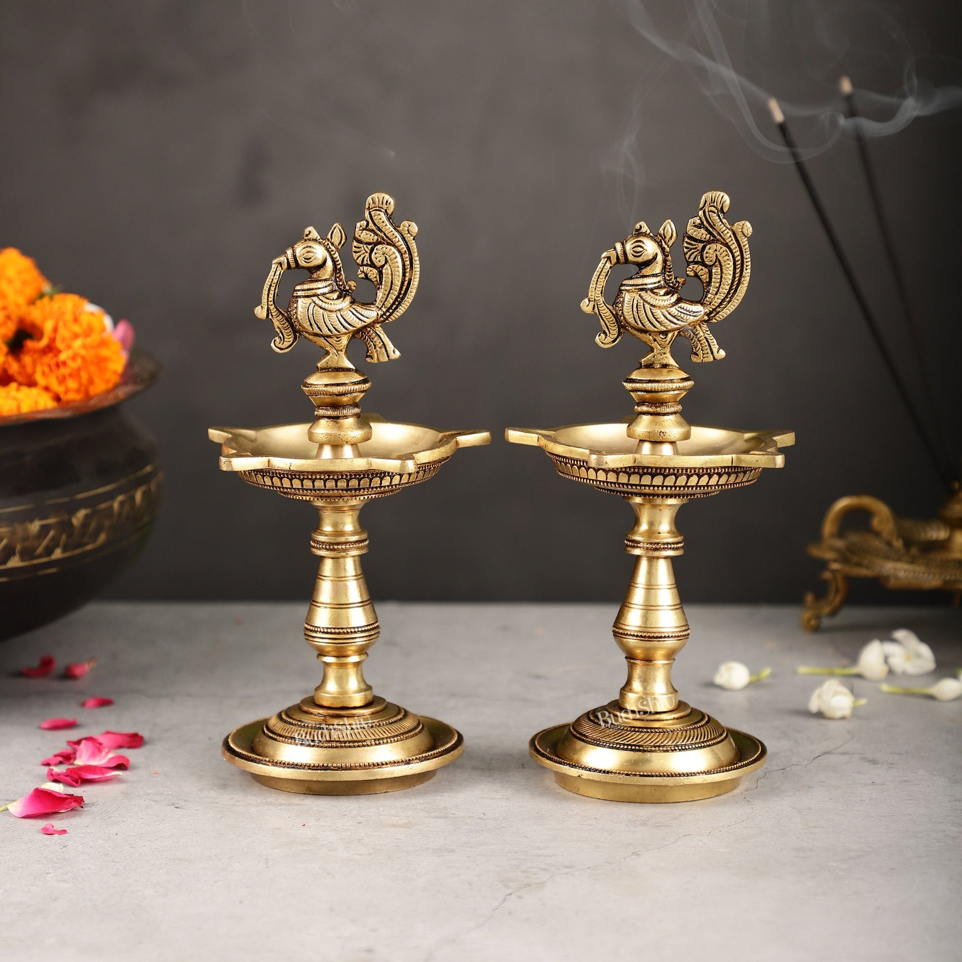 Brass Peacock Oil Lamp 8" - Budhshiv.com