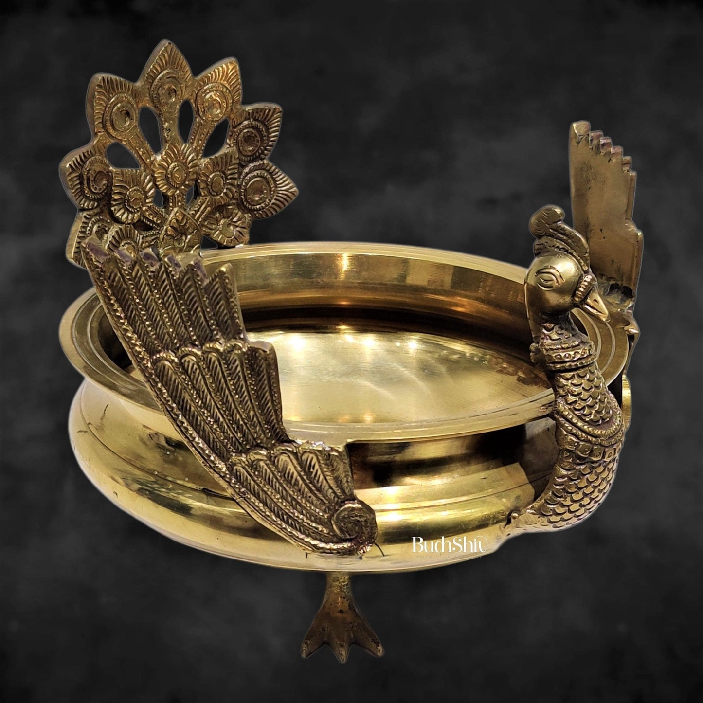 Brass peacock shaped urli golden - Budhshiv.com
