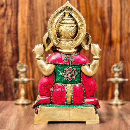 Brass Puna Ganesha Statue with Natural Stones and Pure Brass Rings - Handcrafted Masterpiece - Budhshiv.com