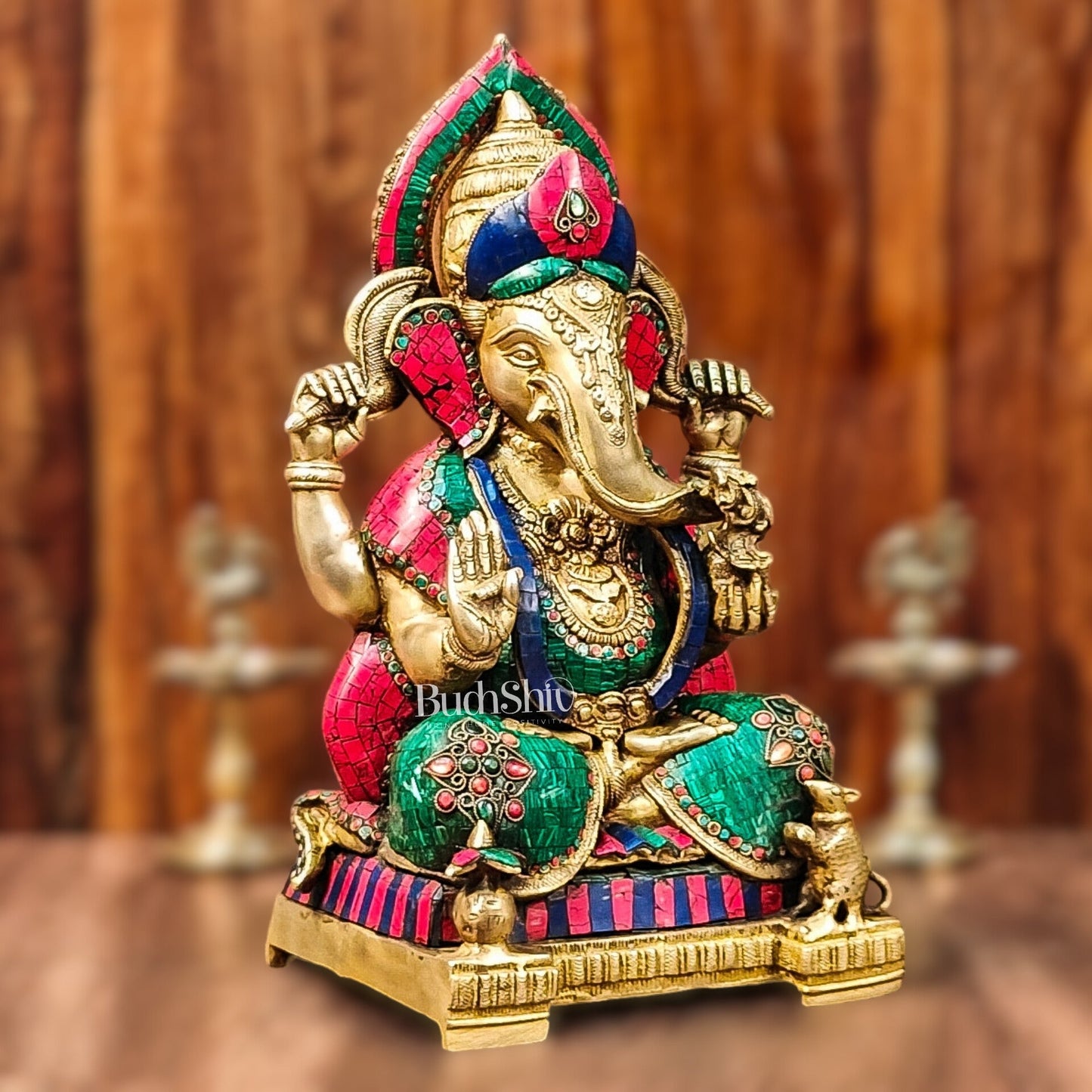 Brass Puna Ganesha Statue with Natural Stones and Pure Brass Rings - Handcrafted Masterpiece - Budhshiv.com