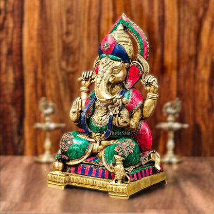 Brass Puna Ganesha Statue with Natural Stones and Pure Brass Rings - Handcrafted Masterpiece - Budhshiv.com