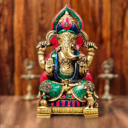 Brass Puna Ganesha Statue with Natural Stones and Pure Brass Rings - Handcrafted Masterpiece - Budhshiv.com