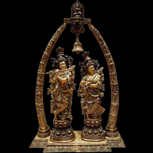 Brass Radha Krishna Idols with Engraved Krishna Leela Pillars 45" - Budhshiv.com