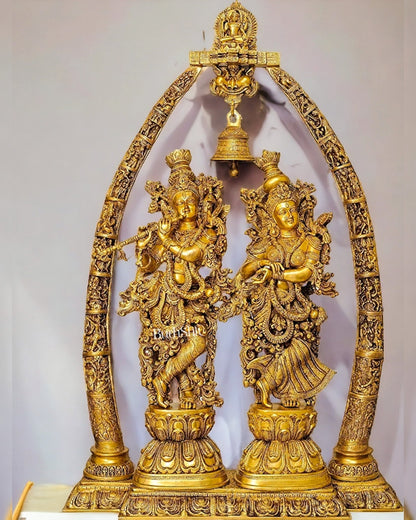 Brass Radha Krishna Idols with Engraved Pillars 45 inch - Budhshiv.com