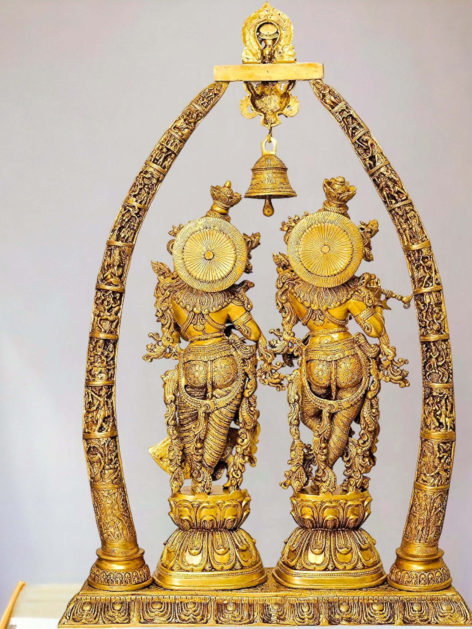 Brass Radha Krishna Idols with Engraved Pillars 45 inch - Budhshiv.com