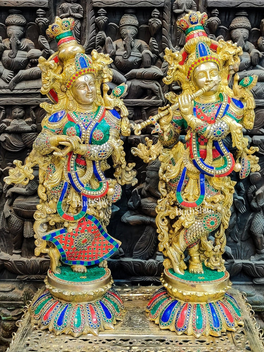 Brass Radha Krishna Idols - with Lotus Base 26 " - Budhshiv.com