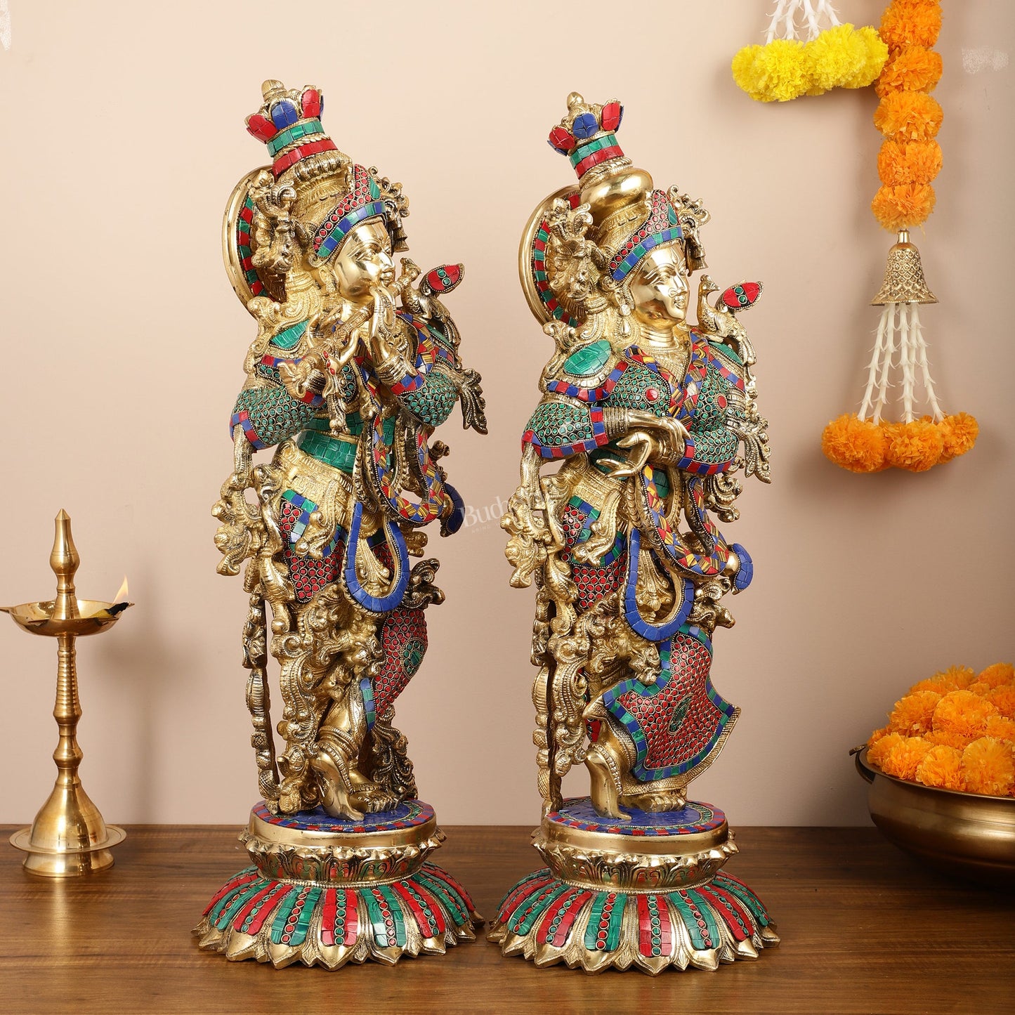 Brass Radha Krishna Idols with Lotus Base 26 " - Budhshiv.com