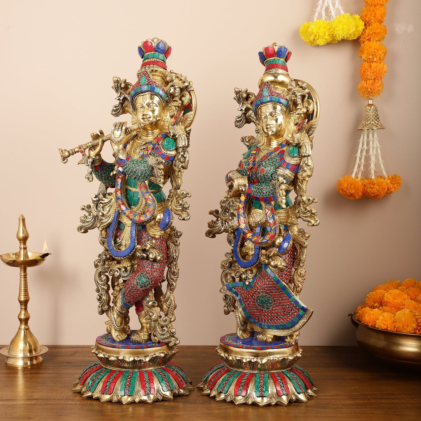 Brass Radha Krishna Idols with Lotus Base 26 " - Budhshiv.com