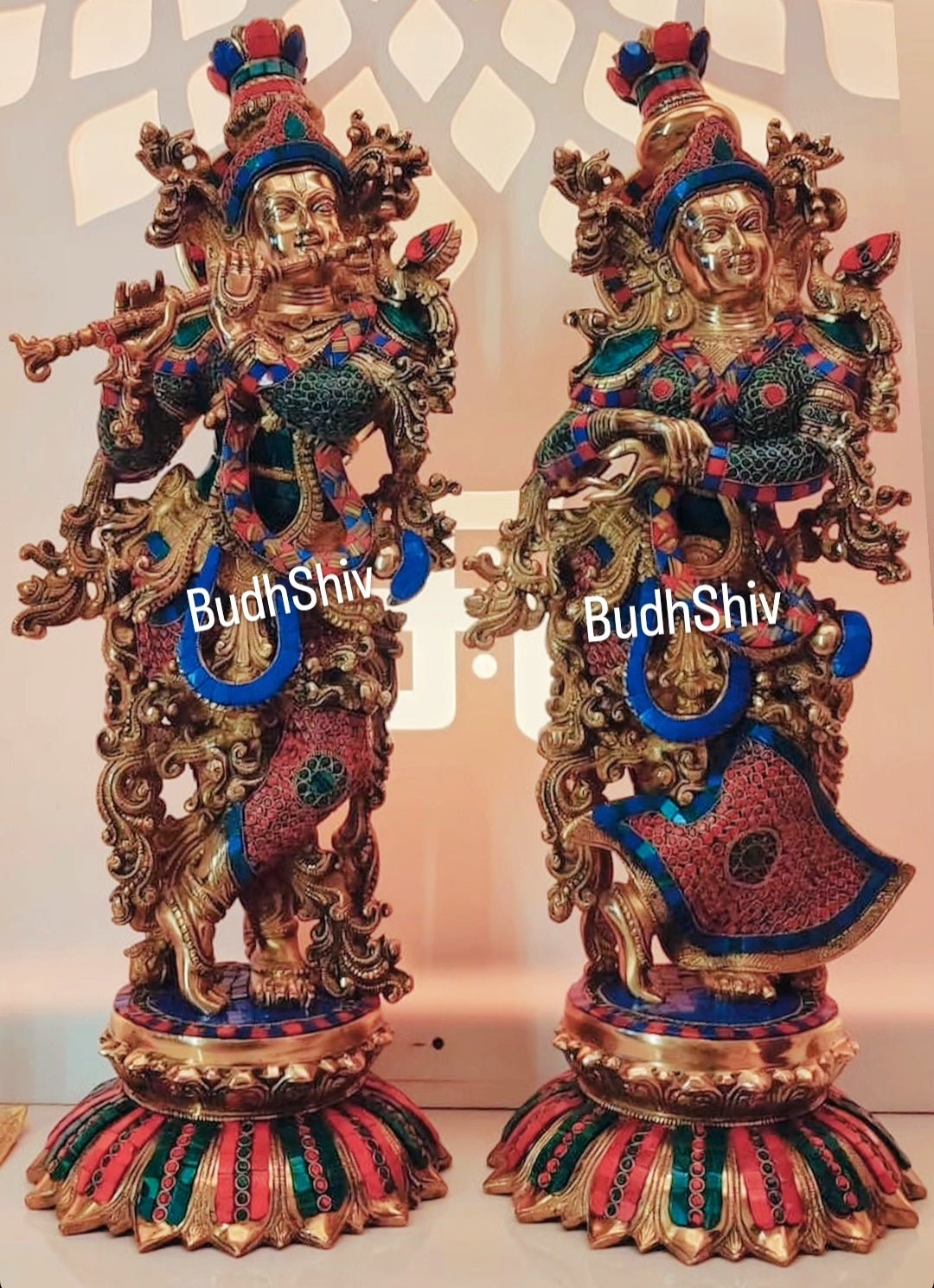 Brass Radha Krishna Idols with Lotus Base 26 " - Budhshiv.com