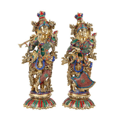 Brass Radha Krishna Idols with Lotus Base 26 " - Budhshiv.com