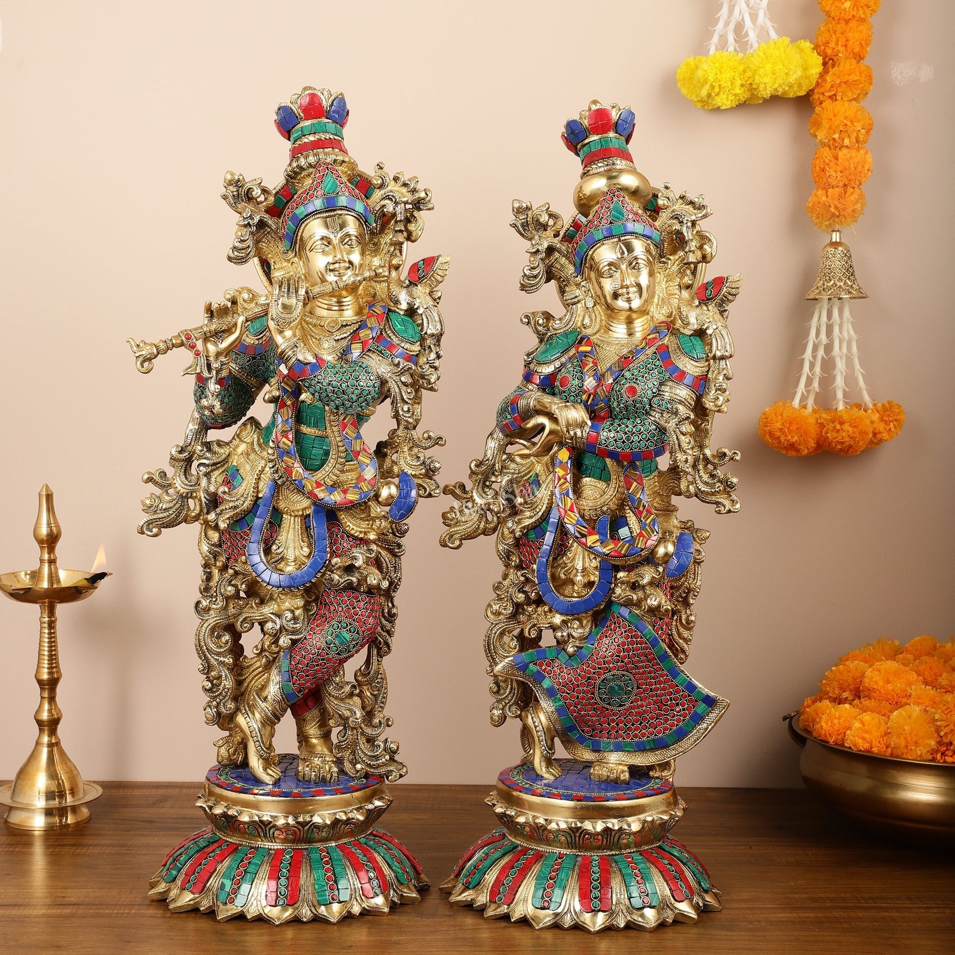 Brass Radha Krishna Idols with Lotus Base 26 " - Budhshiv.com