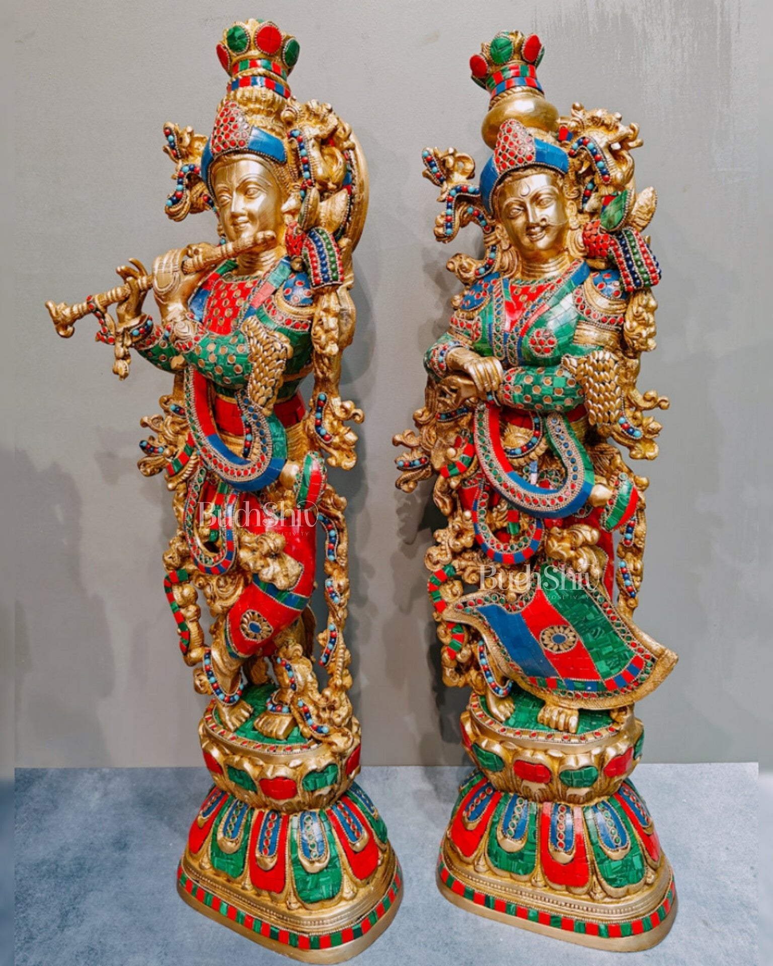 Brass Radha Krishna Idols with stonework 30 inch - Budhshiv.com