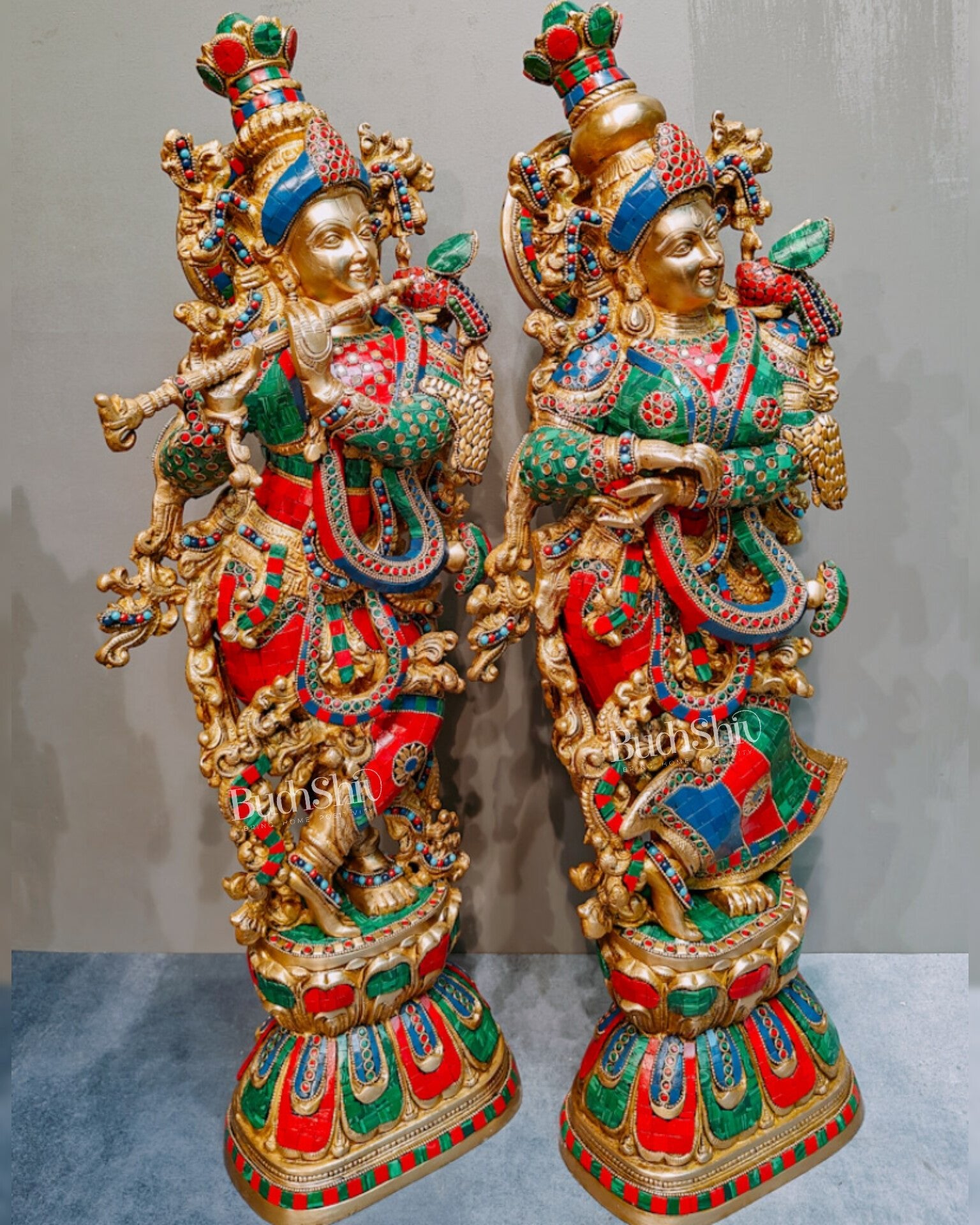 Brass Radha Krishna Idols with stonework 30 inch - Budhshiv.com