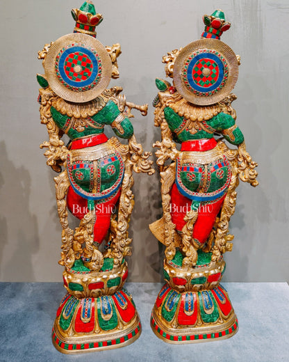 Brass Radha Krishna Idols with stonework 30 inch - Budhshiv.com