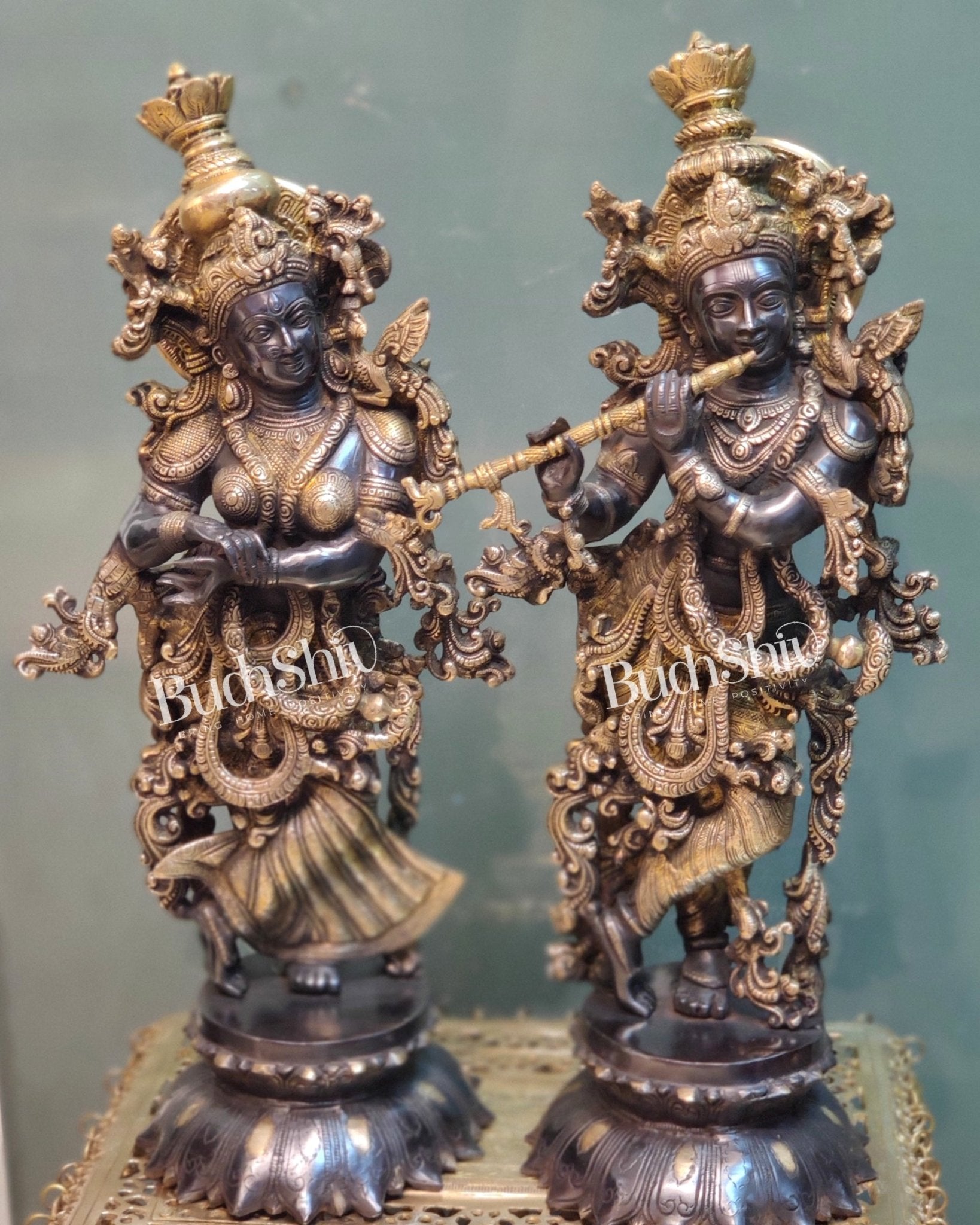Brass Radha Krishna on Lotus Base Black and Golden 26" - Budhshiv.com