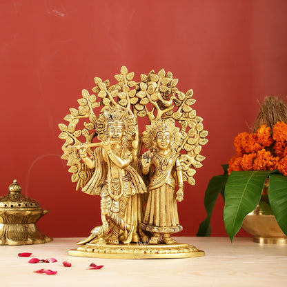 Brass Radha Krishna Statue with Kalpavriksha Tree 12 inch - Budhshiv.com