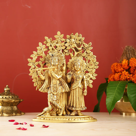 Brass Radha Krishna Statue with Kalpavriksha Tree 12 inch - Budhshiv.com